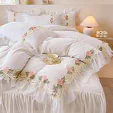 Floral Chic Lace Ruffled Bedding Set, 1 Duvet Cover  2 Pillowcases Set,Girl ...