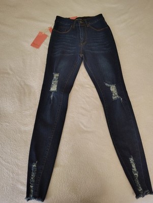 BAMBOOJEANS Women's Dark Wash Blue Distressed Skinny Denim Jeans 5-Pocket