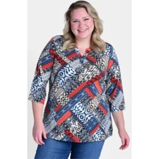 CJ Banks Womens 2X Patchwork Print 3/4 Sleeve V Neck Blouse Top NWT $54