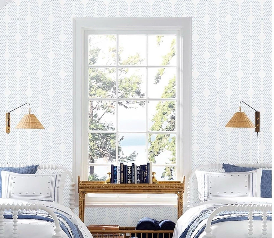 Geometric Wallpaper Peel & Stick Modern Blue/White 1= 17.3”x197”/ 10 Rolls Total - Image 3 of 4