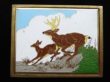 RF11110 VINTAGE 1983 DEER RUNNING ART COMMEMORATIVE SOLID BRASS BELT BUCKLE
