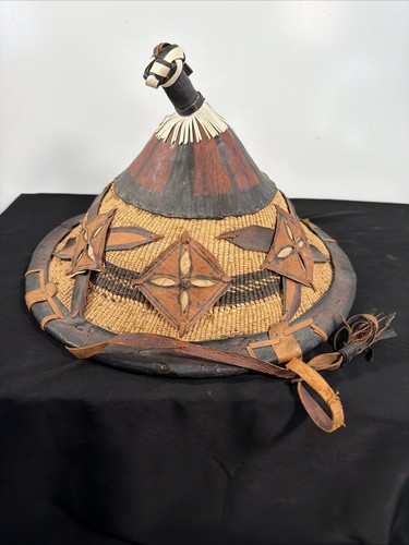 Vtg West African Tuareg Fulani Woven Fiber & Leather Sun Tribal Hat W Chin Strap