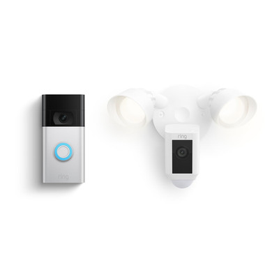 Floodlight Cam Wired Plus, White with  Video Doorbell, Satin Nickel