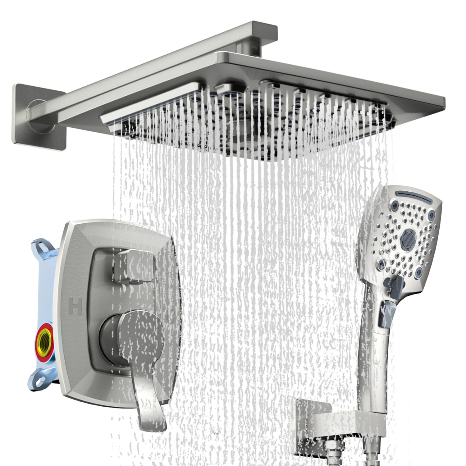ELLO&ALLO Shower Faucet Set Mixing Valve and Trim Kit Brushed Nickel, Rainfall