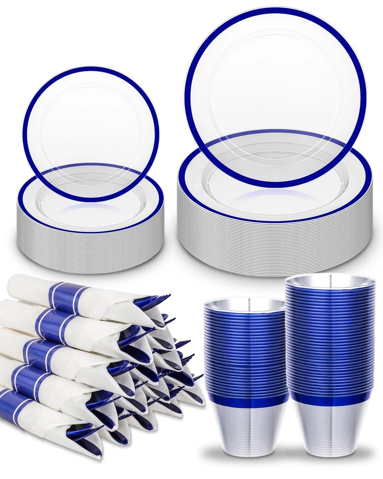 175Pcs Blue Plastic Plates for Party, Disposable Clear Dinnerware Set for 25 ... - Image 2 of 4