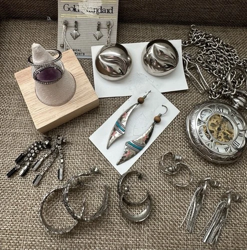 Vintage Costume Jewelry Lot 10 Pieces All Wearable Silver Tones Pocket Watch