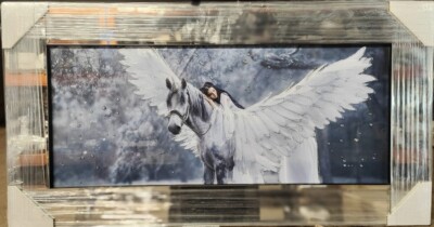 MODERN LIQUID ART SPIEGEL CRUSH DIAMOND LADY MIT PFERD WAND BILDERRAHMEN 85x45