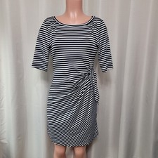 MSK Above Knee Short Sleeve Faux Wrap Dress Woman's Sz Small Black White Striped