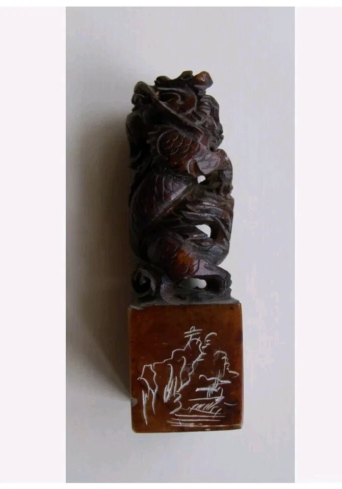 Juego de estampillas talladas en jade chino vintage doble dragón con taza de tinta roja Daniel Foto 2 de 4