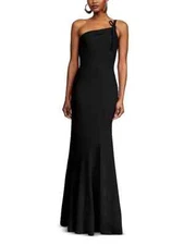 HALSTON Sybil Crepe Gown Women's 10 Black Solid One Shoulder Back Zip Closure