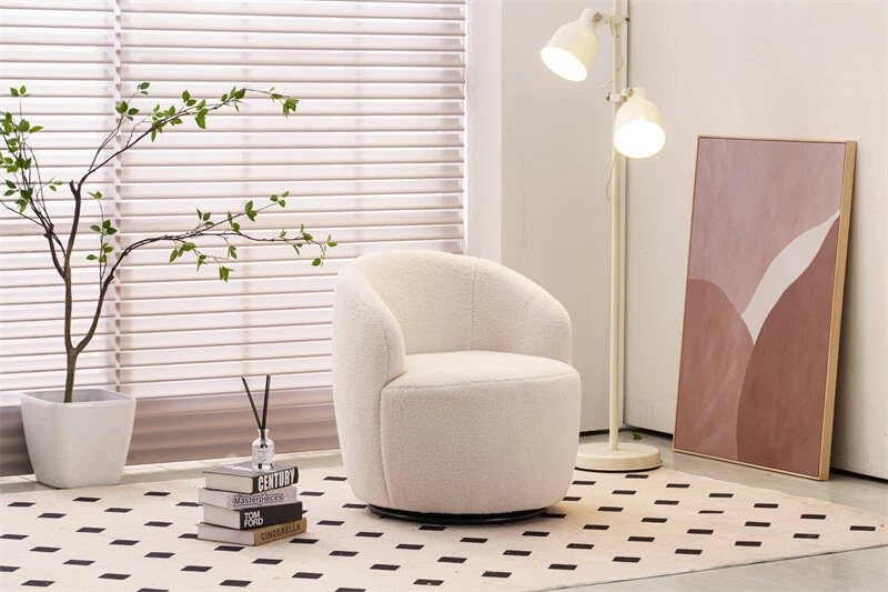 Sillón giratorio de tela de peluche blanco con anillo de metal Foto 4 de 4