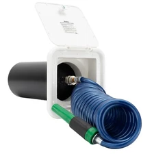 RecPro RV Exterior Spray Port | Spray Away Box with 15’ Blue Coil Hose