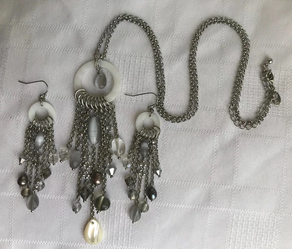 Pendiente Collar Lia Sophia Cascade 26-29" Largo Tono Plateado MOP Gris Ojo de Gato Foto 2 de 4