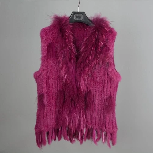 Fashion Lady Real Rabbit Classic Knitted Fur Vest Raccoon Collar Gilet Womens - Picture 15 of 39