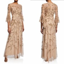 Aidan Mattox Beaded Sequins Gold Ruffle 3/4 Sleeve Ball Formal Evening Gown