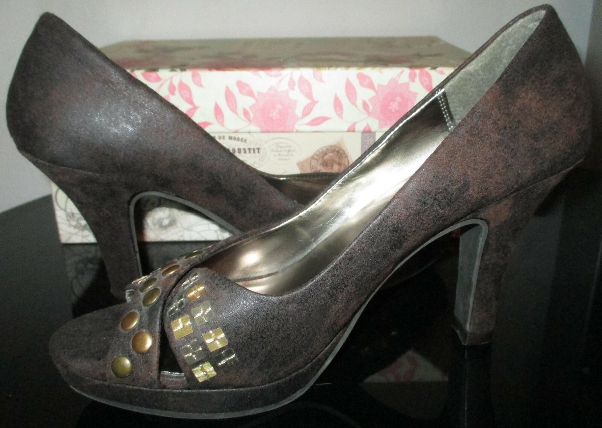 Escarpins L.E.I. Marron à Bouts Ouverts - Talons 3.5" (9 Cm) Studded - Taille US 7.5 - Occasion
