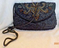 Black evening shoulder bag w/ bead accents  braided straps