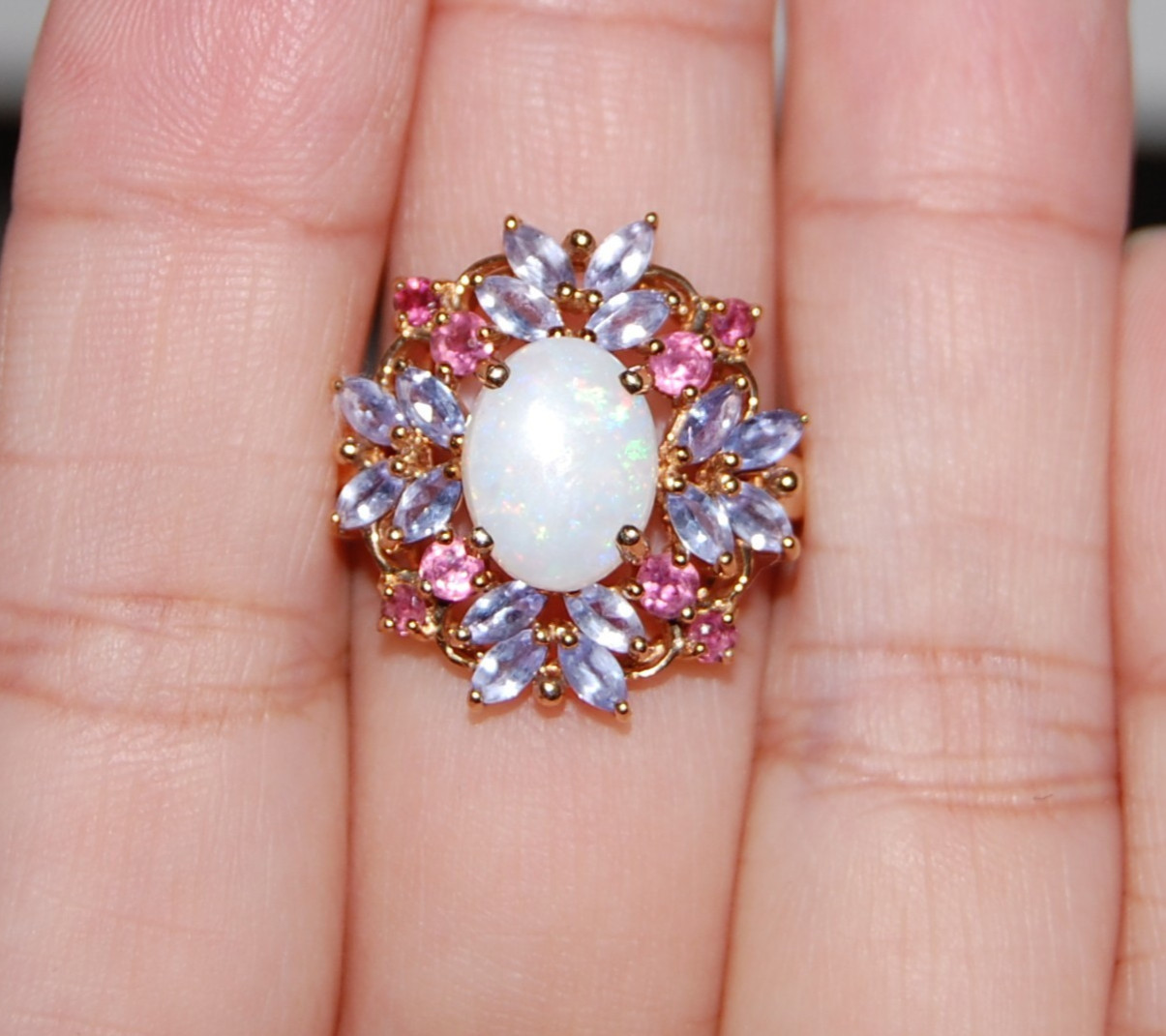 10K Gold Ring Fire Opal Tanzanite Ruby Floral Clu… - image 6