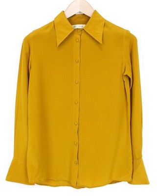 SUISTUDIO Bridgette Damen Bluse UK8 gelb senf schmal Knopfleiste Seidentop *