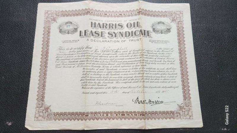 1921 Harris Oil Lease Syndicate Shares~Stock Scripophily 
