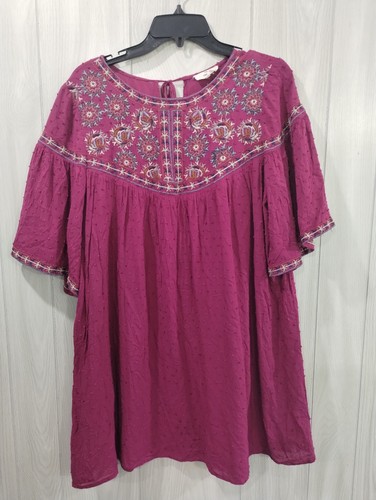 Dark Floral Embroidered Blouse Cotton Maroon Womens L Boho Hippie Fairy