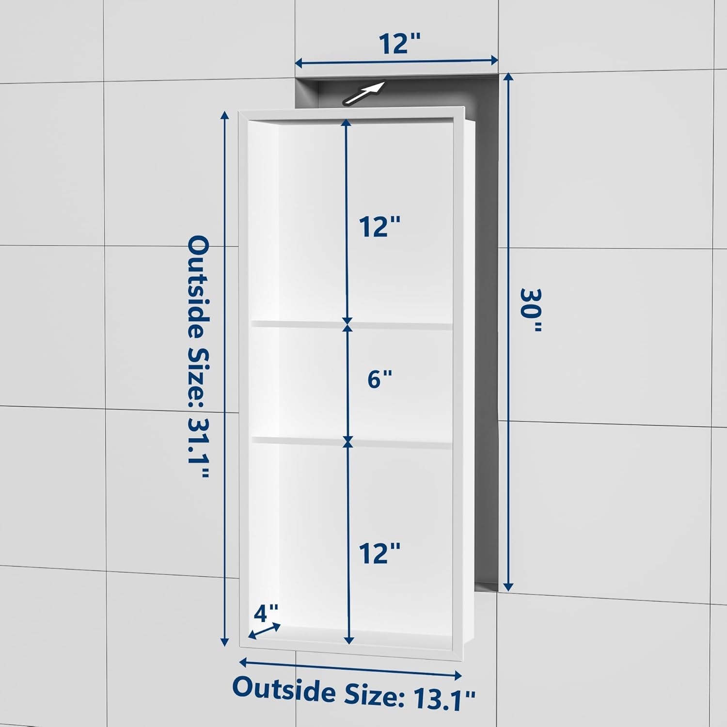 Neodrain Stainless Steel Shower Niche 12" x 30" x 4" White 3 Shelves Retail $160