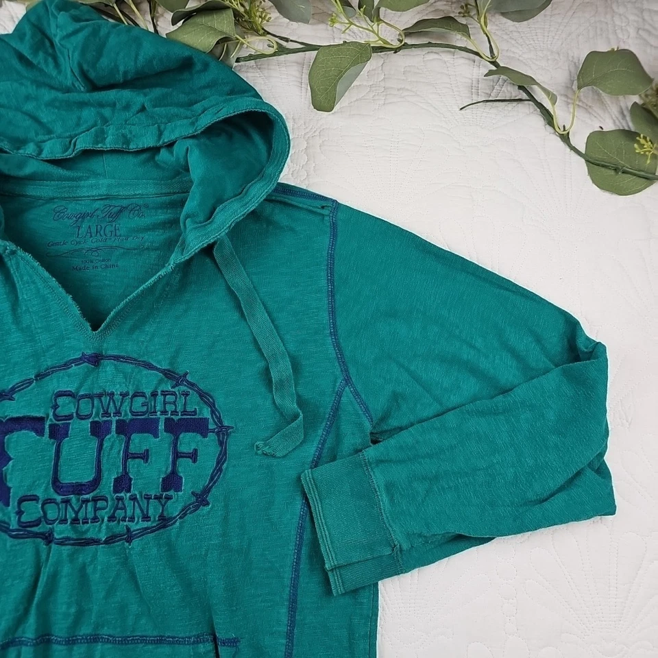 Cowgirl Tuff Co Women's Teal Green Pullover Lightweight Hoodie Size L - Image 3 of 4