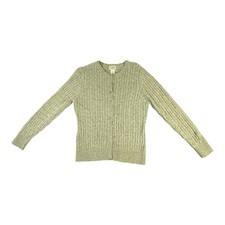 Vintage L.L.Bean Lambswool Cardigan M Green Cable Knit 90s Hong Kong Button
