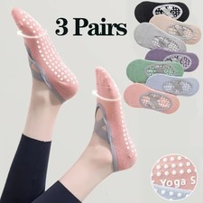 3 Pairs Women Yoga Socks Non-Slip Grip Pilates Ballet Fitness Cotton Slippers UK