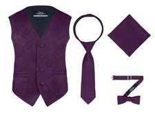 Boy's 4 Piece Formal Paisley Vest Set, with Bow Tie, Neck Tie Pocket Hankie...