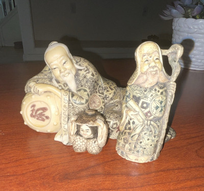 Japanese Hand Carved Netsuke-Style Figures Collection with Drum, Patterned