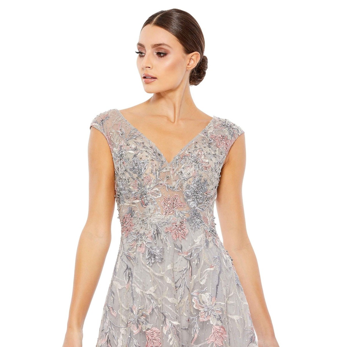 Mac Duggal Embroidered Illusion Cap Sleeve A Line Gown Multi