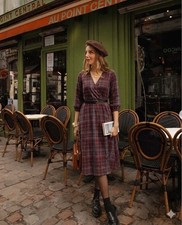 NWOT Pact Organic Cotton Plaid Faux Wrap Midi Dress Burgundy Pockets XL