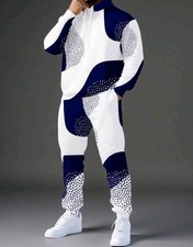 Men's Geometric Tracksuit Set Hoodie  Pants White Navy Blue 2 Piece