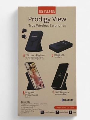 AIWA Prodigy 4-in-1 Wireless Earbuds,  10,000 mgh Powerbank, Phone Stand-Black