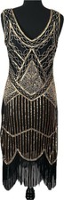 Babeyond 1920'S Gatsby Flapper Dress Fringe Bottom Black Gold LARGE NWT