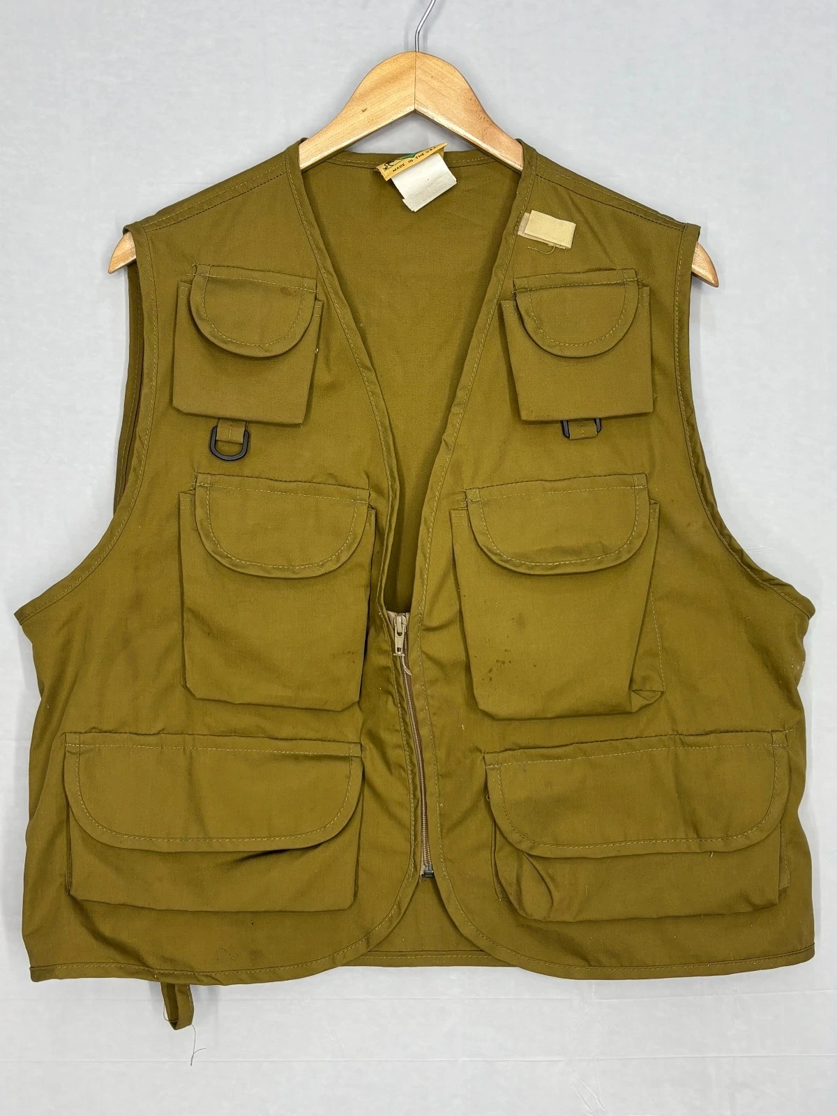 Ideal Zip Front Fishing Vest Mens Olive Drab Green Utility Pockets Large Vintage