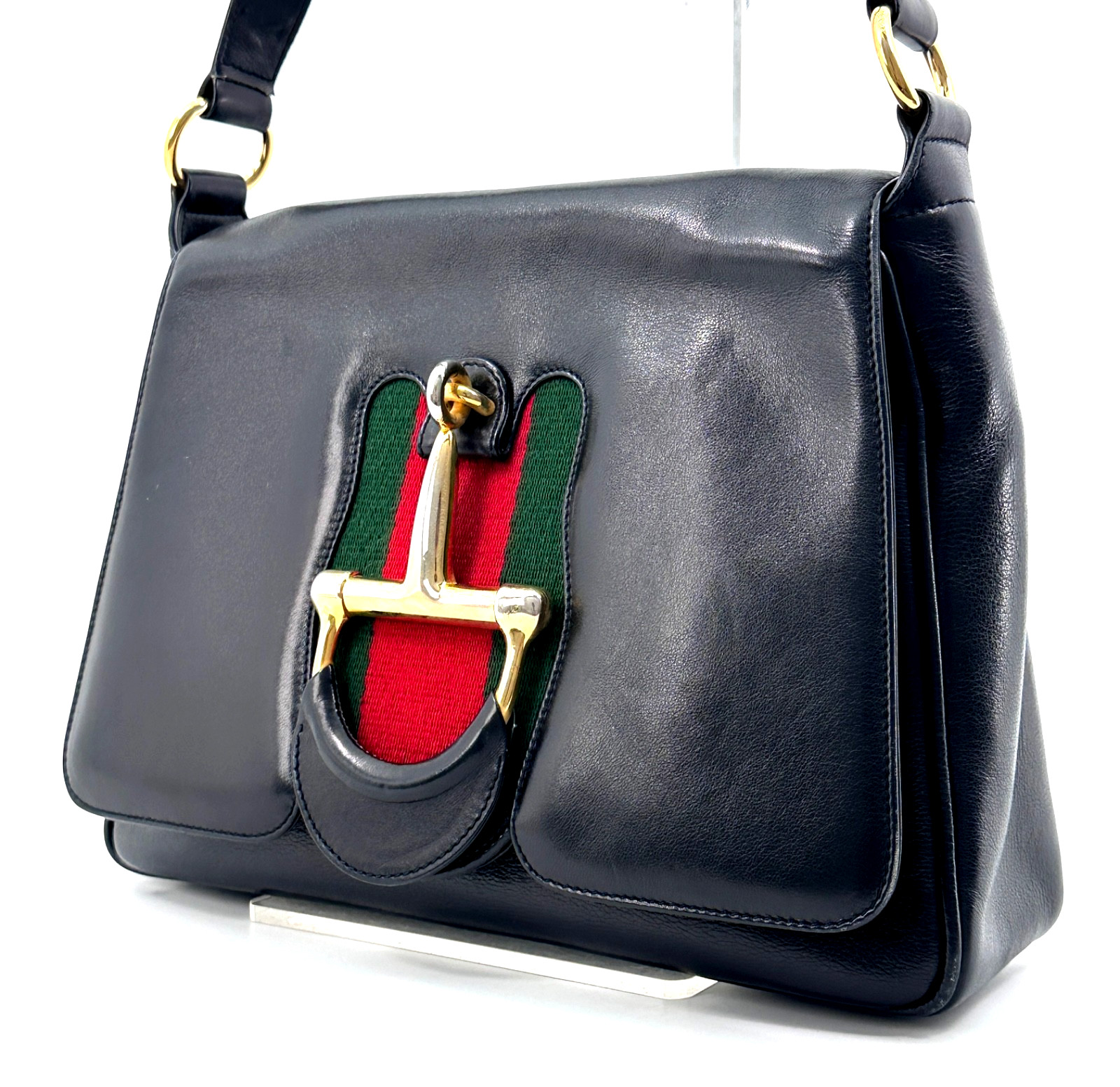 Vintage GUCCI Shoulder Bag Leather Black Horsebit Serryline Authentic image 2