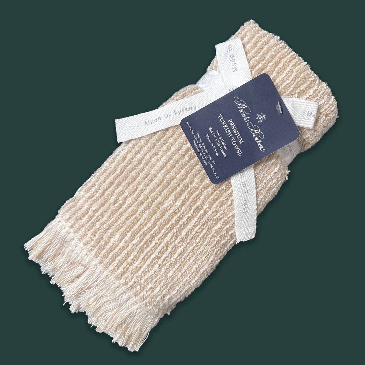 2PK New Brooks Brothers Turkish Tip Towels Light Brown Cream Blue