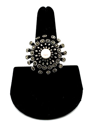 Vintage 925S Marcasite Stone Culture Pearl Sputnik Design Handmade Thailand Ring