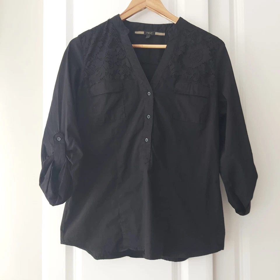 Next Blouse Women's Size 16 Black V-Neck Lace 3/4 Sleeve Workwear Smart Casual  - Image 2 of 4