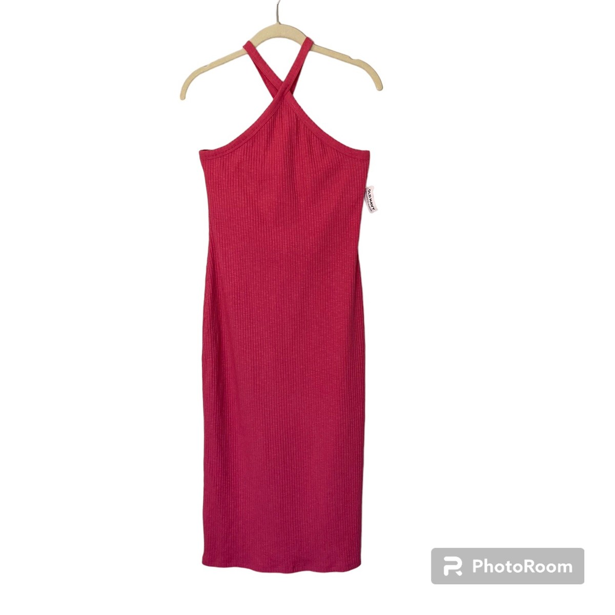 Old Navy Womens Halter Dress L Petite MIDI Side Slit Pink Bodycon Stretch