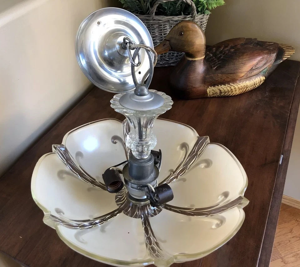 Antique 1920s 1930s Art Deco Nouveau Victorian Large Ceiling 3 Light Fixture - Image 2 of 4