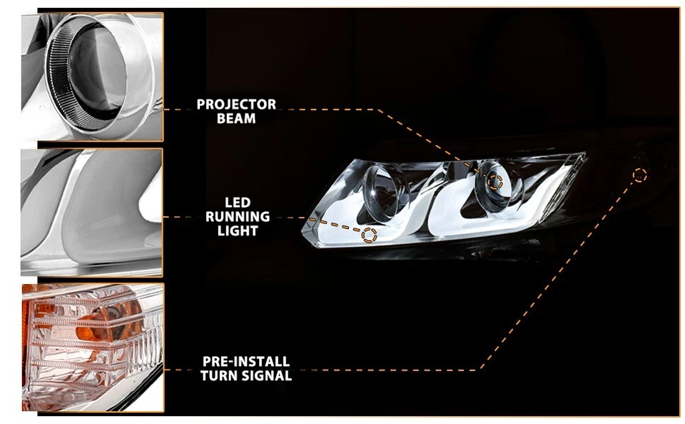 2012-2013 2014 2015 Civic 4 Door Black U-Bar Projector LED Headlights New Pair - Image 4 of 4