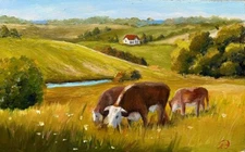 Original oil painting.Сow in field.Miniature countryside.Rural Landscape.5х8 inc