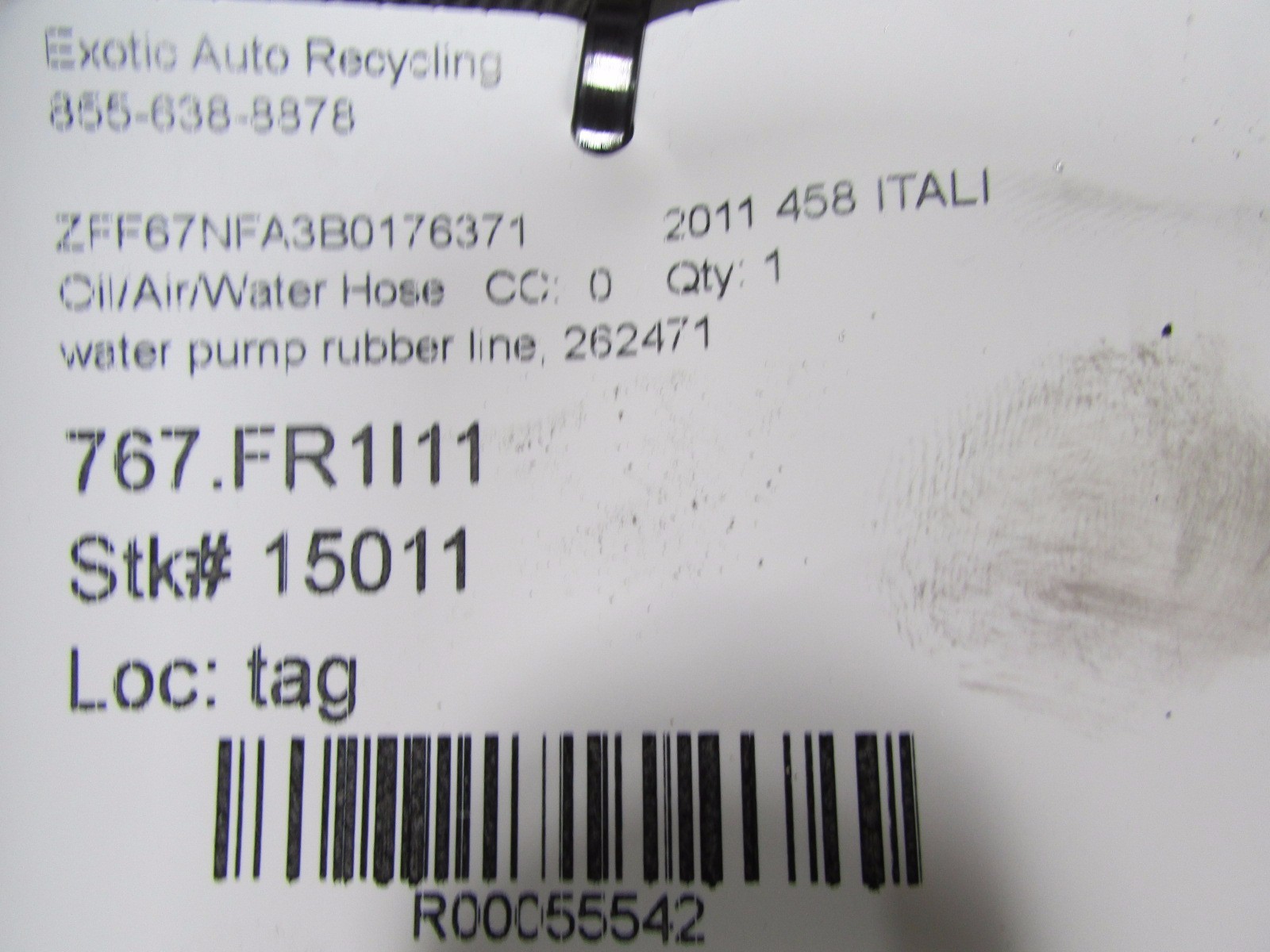Ferrari 458 Italia, Water Pump Rubber Pipe Line, P/N 262471