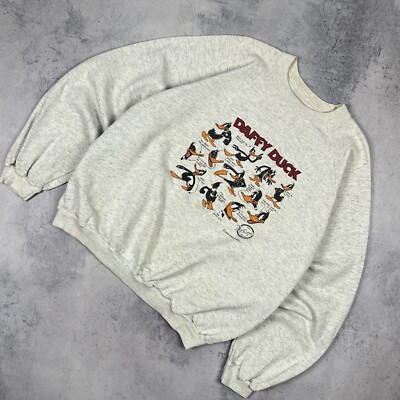 Vintage Looney Tunes Daffy Duck Graphic Sweatshirt 1994 Grey Crewneck Medium 90s