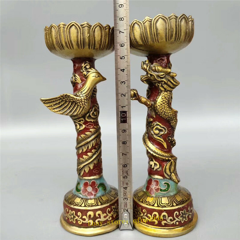 Collect Chinese pure copper Cloisonne Dragon Phoenix candle Candlestick