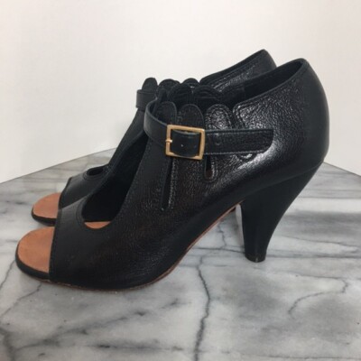 Chie Mihara Womens Black Leather Mary Jane Peep Toe Heels Shoes EU 37.5 US 6.5