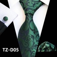 Classic Floral Green Black Jacquard Silk Men's Tie Necktie Hanky Cufflink Set